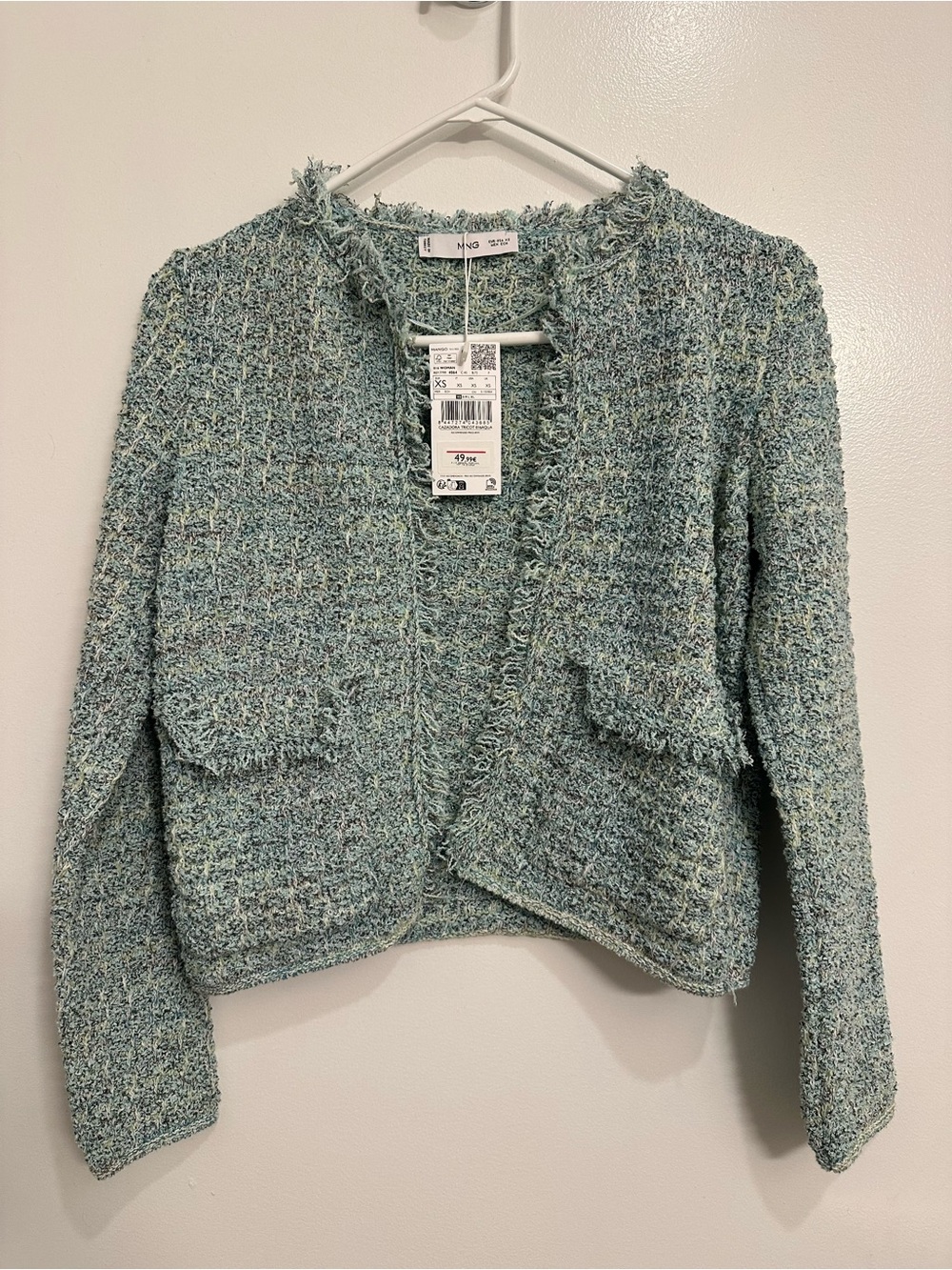 Mango Cropped Bouclé Fringe-Trim Cardigan - Pale Blue